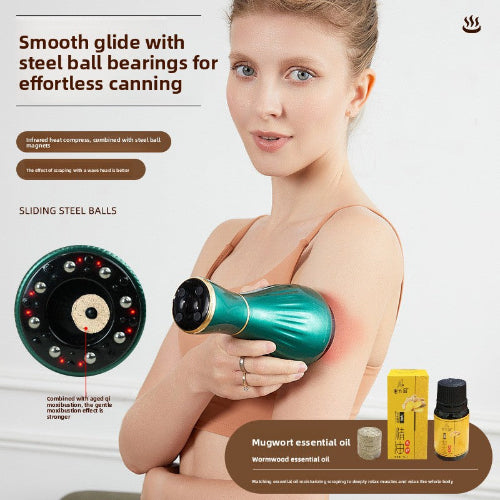 Woman using a green handheld device with mugwort essential oil packaging on a white background